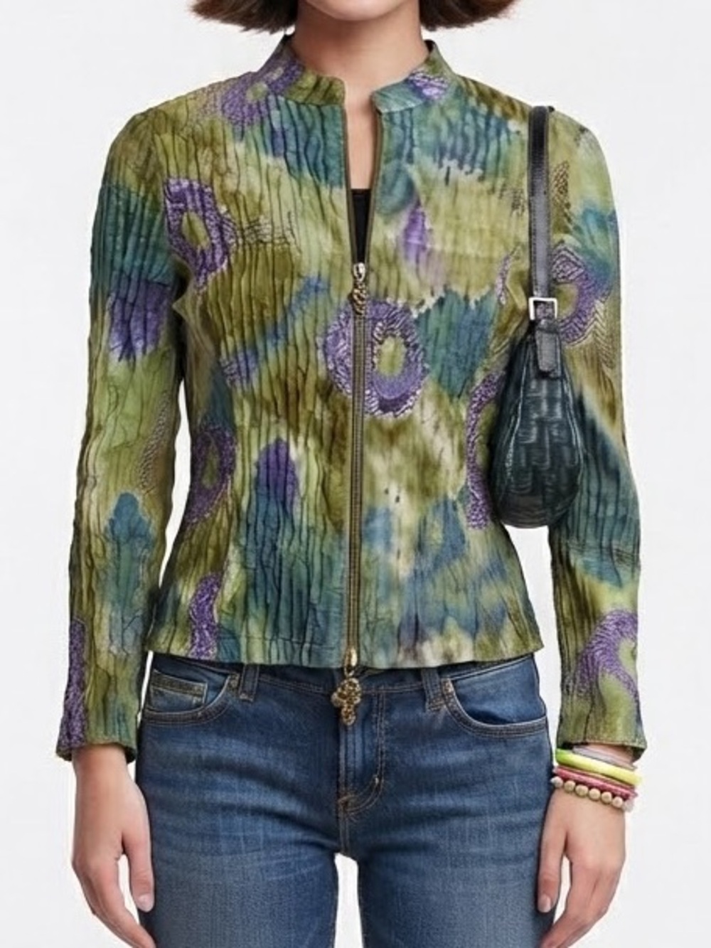 Analogy Vintage Crinkle Zip Jacket Green Blue Floral Art Print Large Y2K Boho